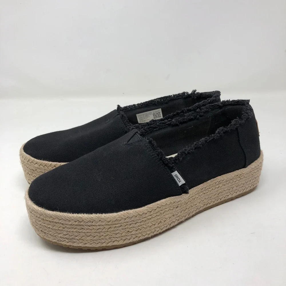 TOMS Valencia Platform Espadrille Womens Size 8 Black Frayed Canvas Shoes